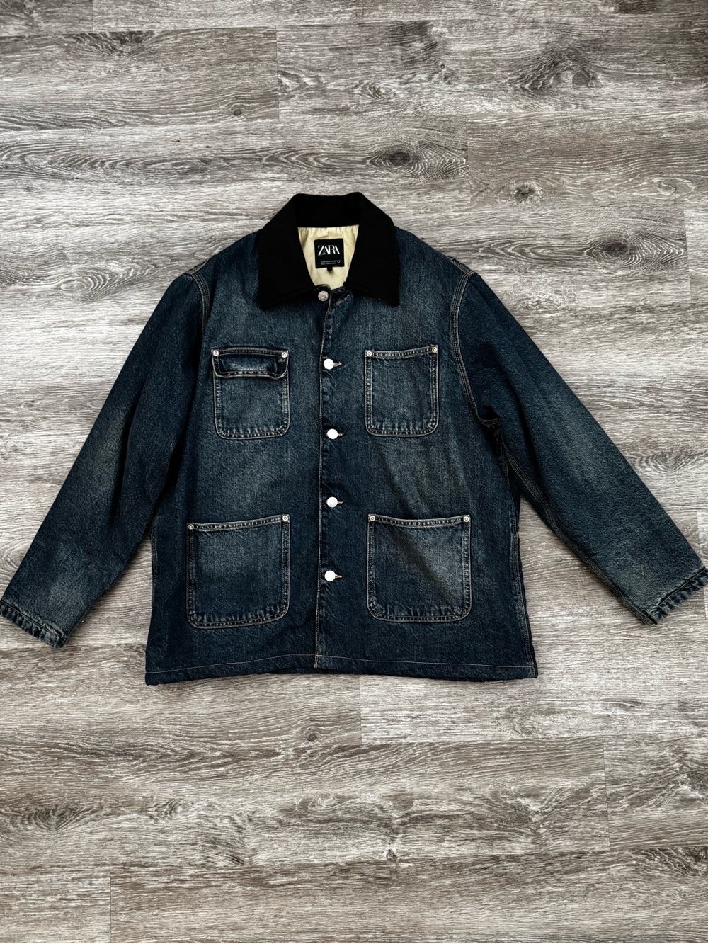 Zara Dark Blue Denim Jacket with Black Corduroy Collar